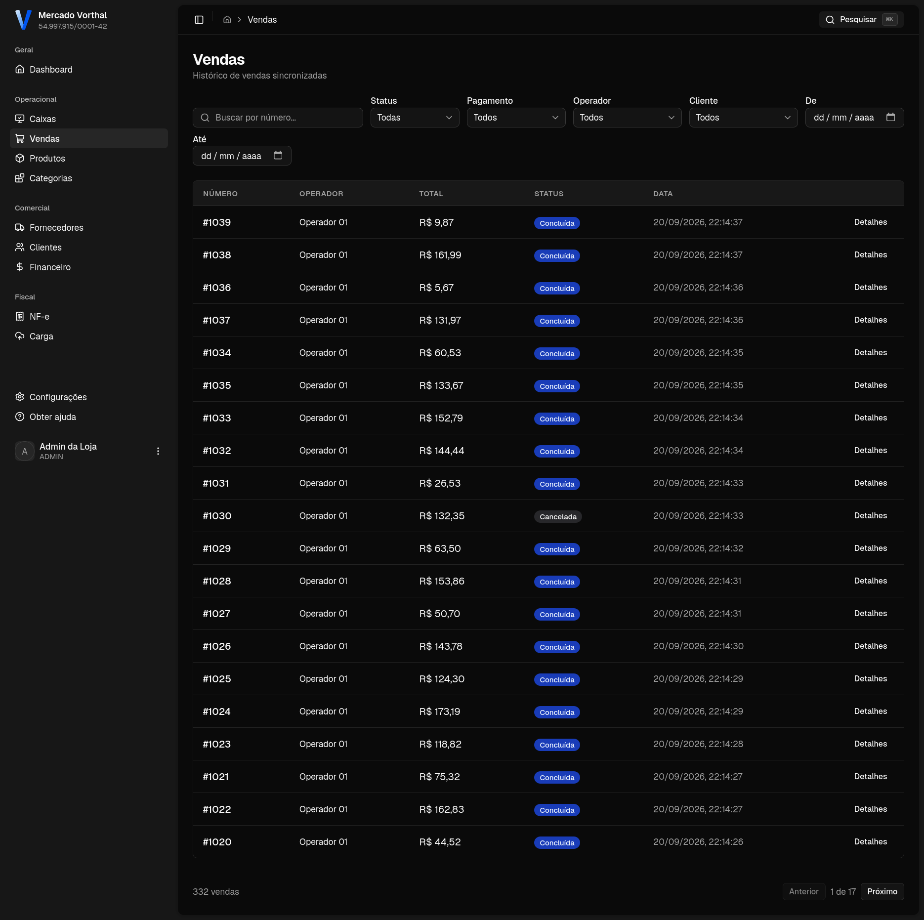 Tela de gerenciamento de vendas no sistema web